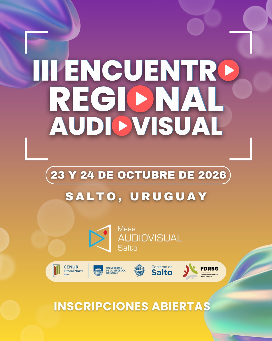 23 y 24 de octubre, con entrada libre y gratuita; Salto reunirá a referentes del sector para intercambiar experiencias y fortalecer el desarrollo audiovisual en el Litoral Norte. 23 y 24 de octubre, con entrada libre y gratuita; Salto reunirá a referentes del sector para intercambiar experiencias y fortalecer el desarrollo audiovisual en el Litoral Norte.
